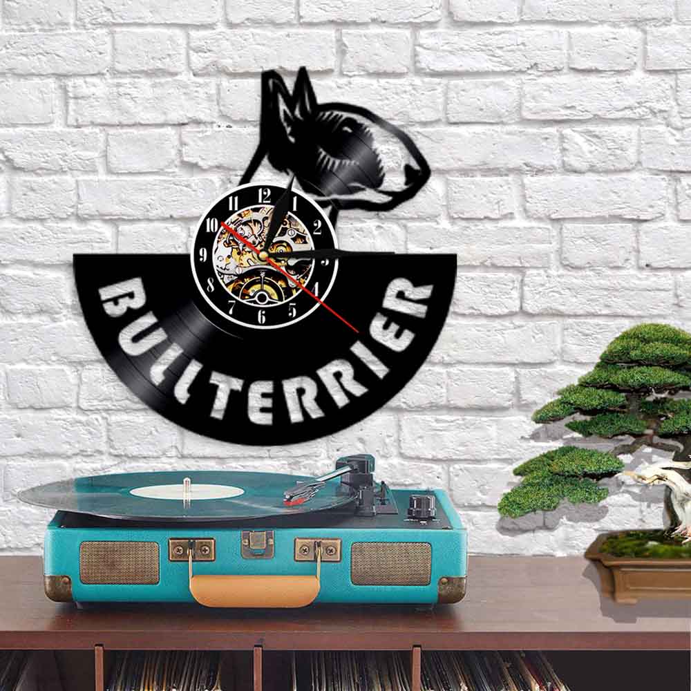 Laser-cut Repurposed Vinyl Record Clock (Bull Terrier 2)