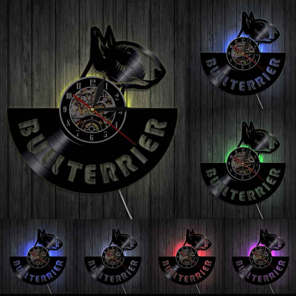 Laser-cut Repurposed Vinyl Record Clock (Bull Terrier 2)