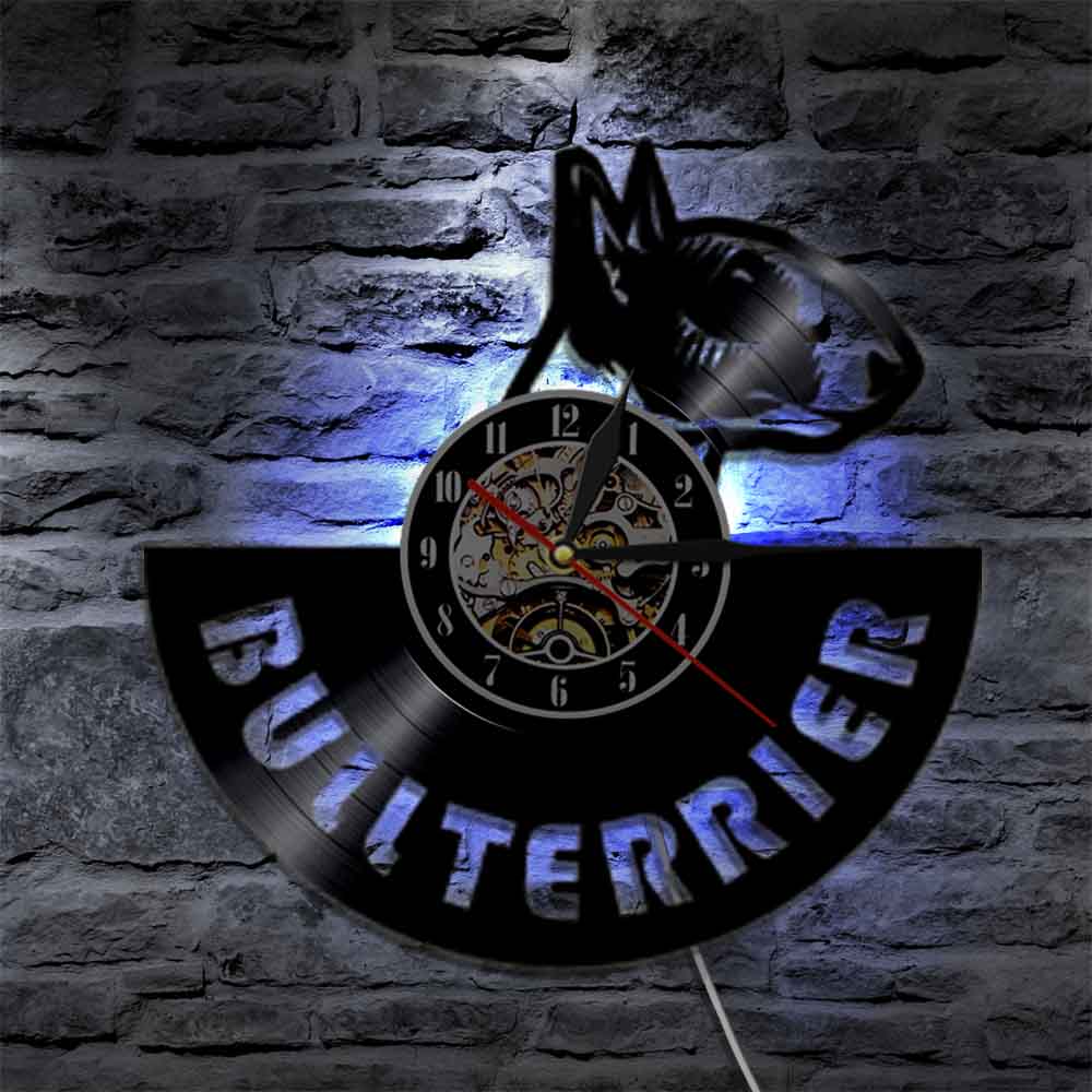 Laser-cut Repurposed Vinyl Record Clock (Bull Terrier 2)