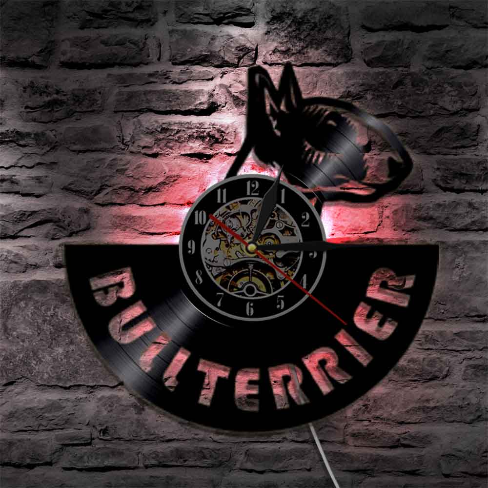 Laser-cut Repurposed Vinyl Record Clock (Bull Terrier 2)