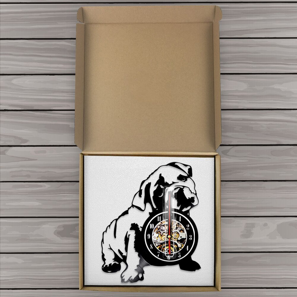Laser-cut Repurposed Vinyl Record Clock (English Bulldog 2)