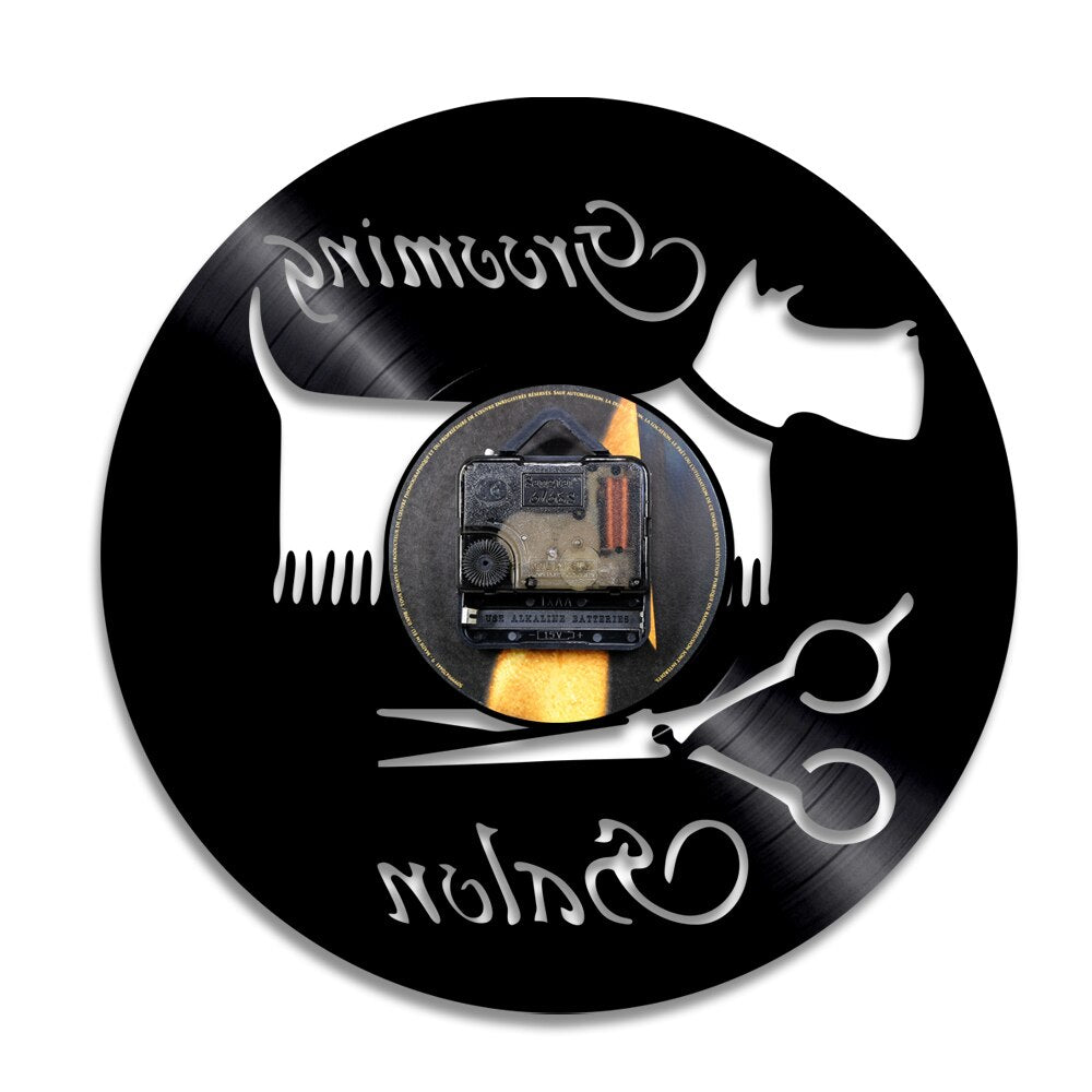 Laser-cut Repurposed Vinyl Record Clock (Dog Grooming Style 3)