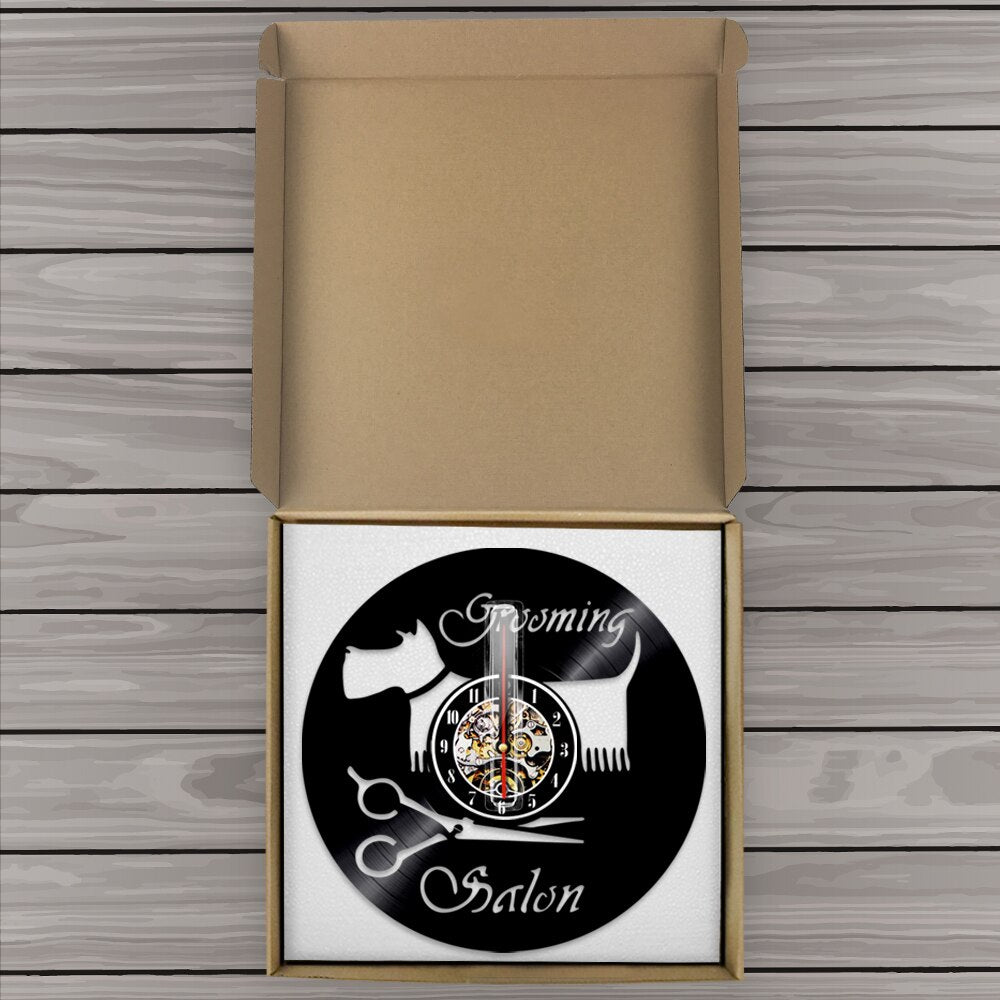 Laser-cut Repurposed Vinyl Record Clock (Dog Grooming Style 3)