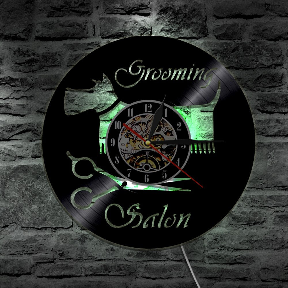 Laser-cut Repurposed Vinyl Record Clock (Dog Grooming Style 3)
