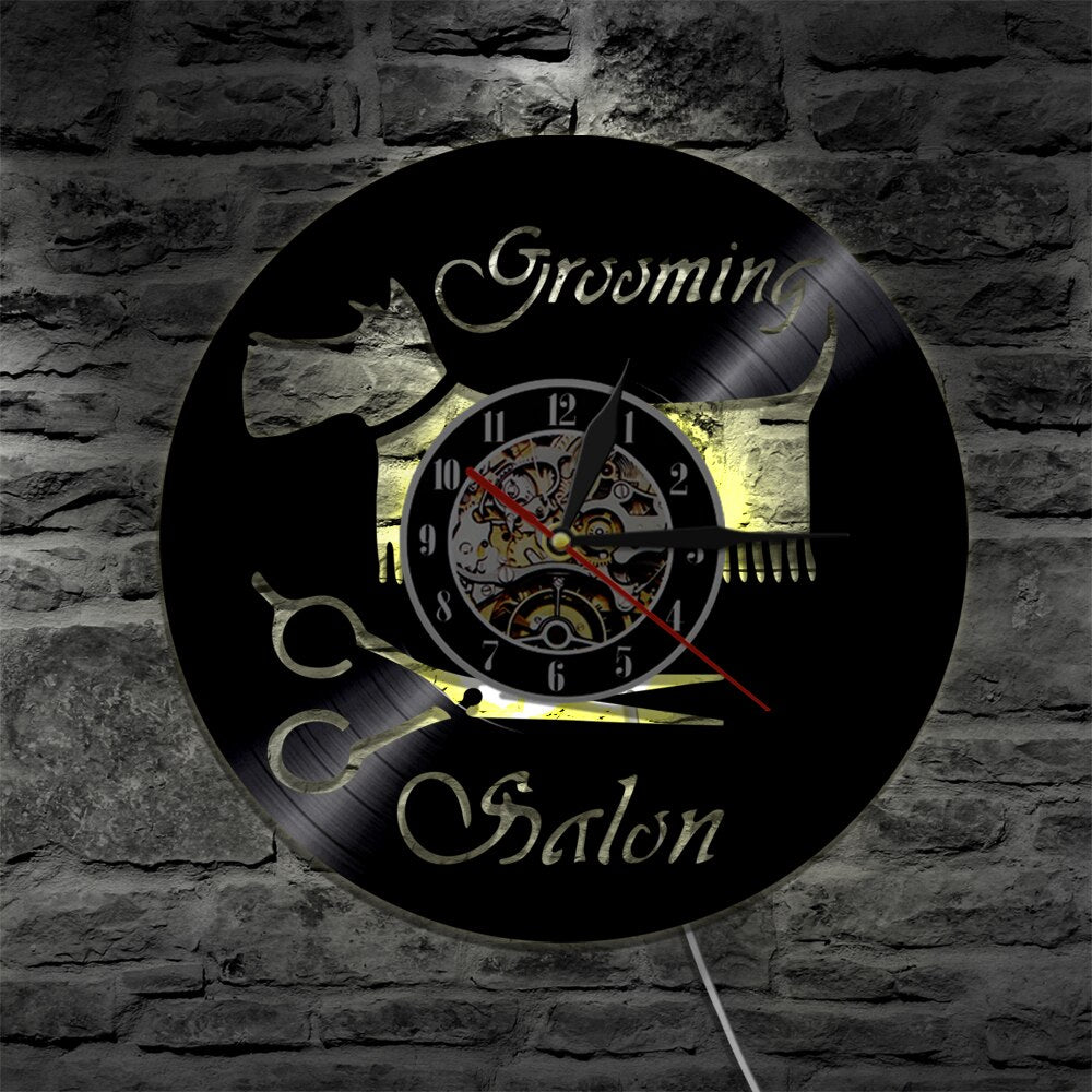 Laser-cut Repurposed Vinyl Record Clock (Dog Grooming Style 3)