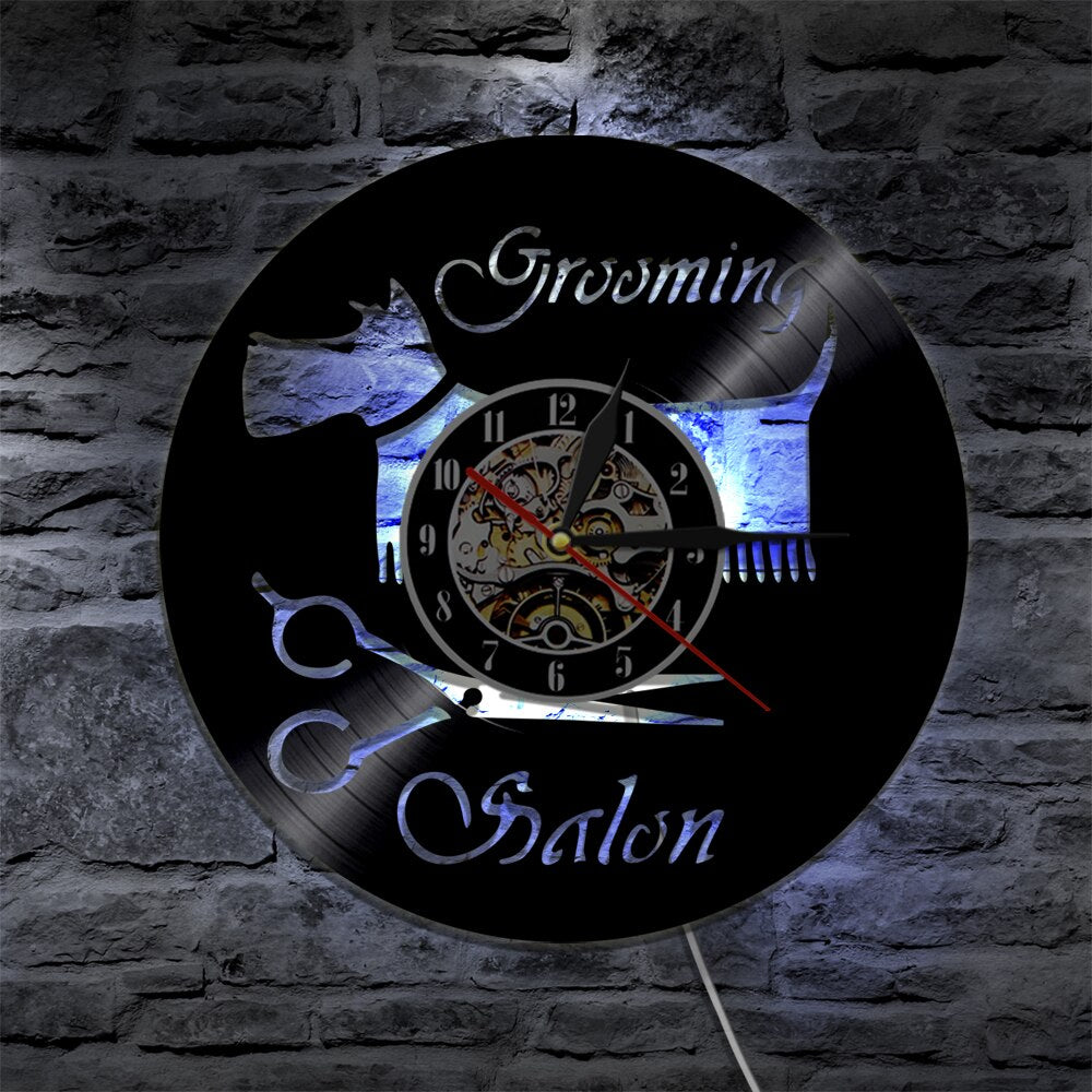 Laser-cut Repurposed Vinyl Record Clock (Dog Grooming Style 3)