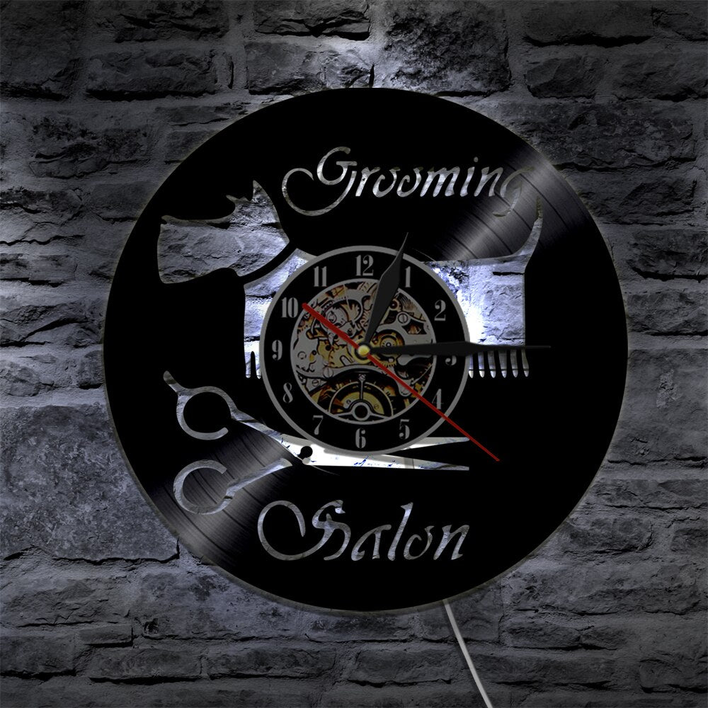 Laser-cut Repurposed Vinyl Record Clock (Dog Grooming Style 3)