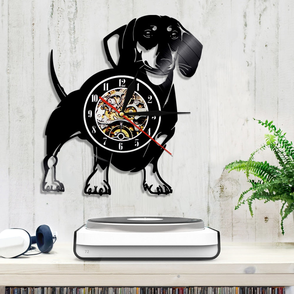 Laser-cut Repurposed Vinyl Record Clock (Dachshund)