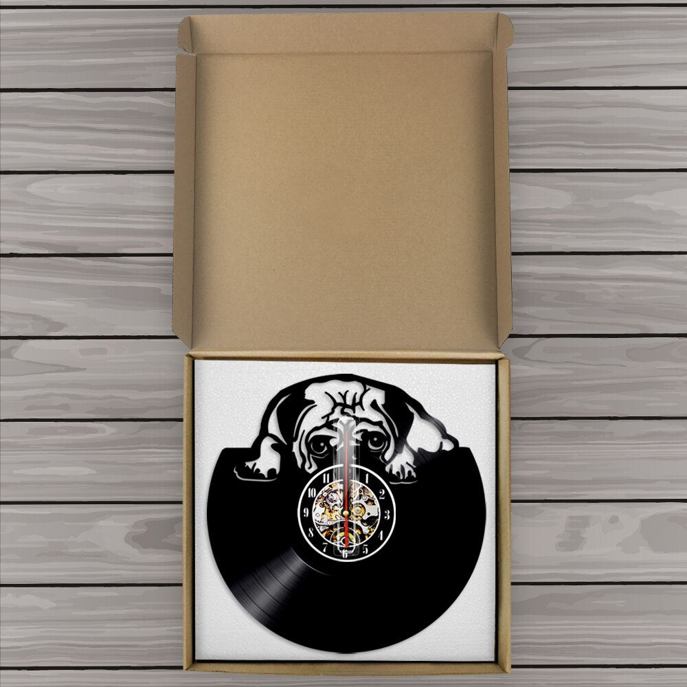 Laser-cut Repurposed Vinyl Record Clock (Pug)