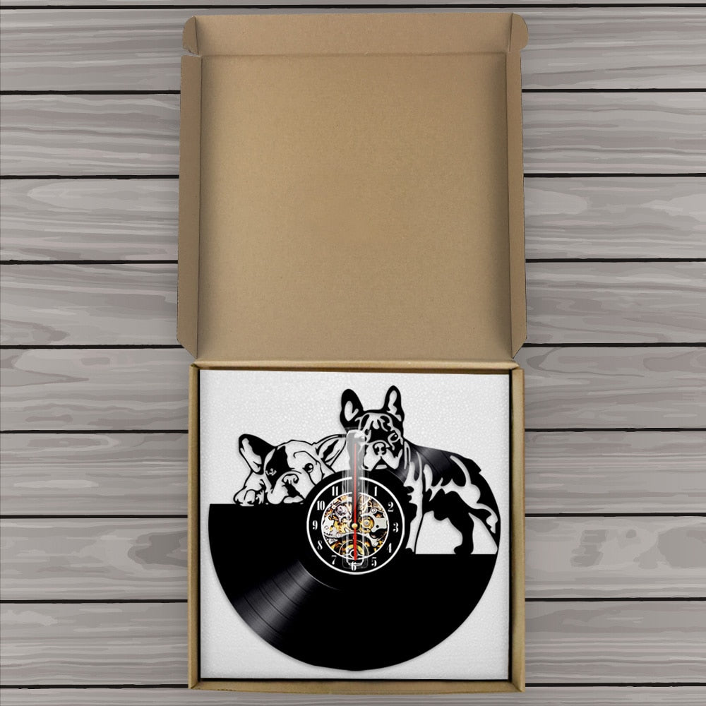 Laser-cut Repurposed Vinyl Record Clock (French Bulldog)