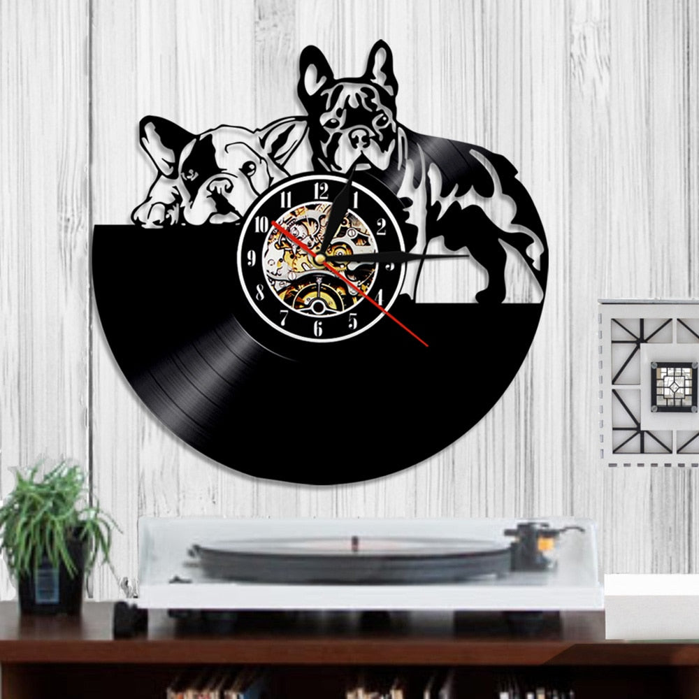 Laser-cut Repurposed Vinyl Record Clock (French Bulldog)