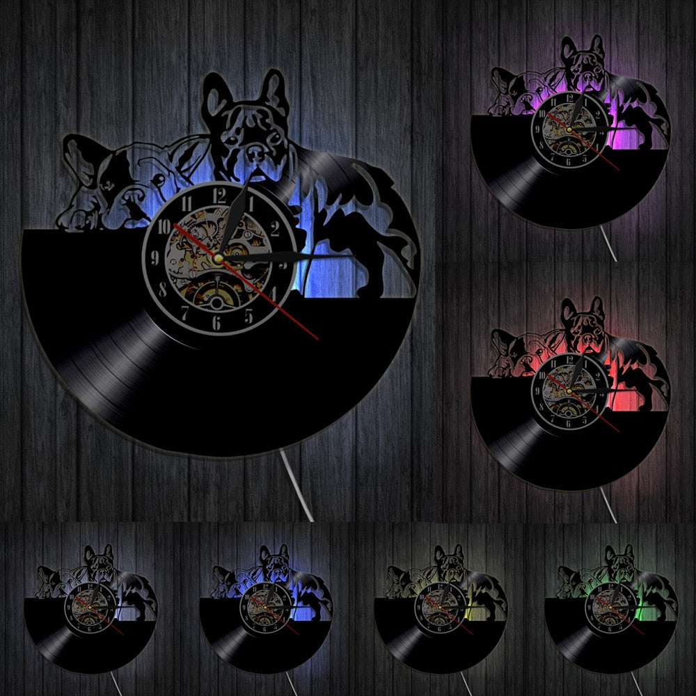 Laser-cut Repurposed Vinyl Record Clock (French Bulldog)