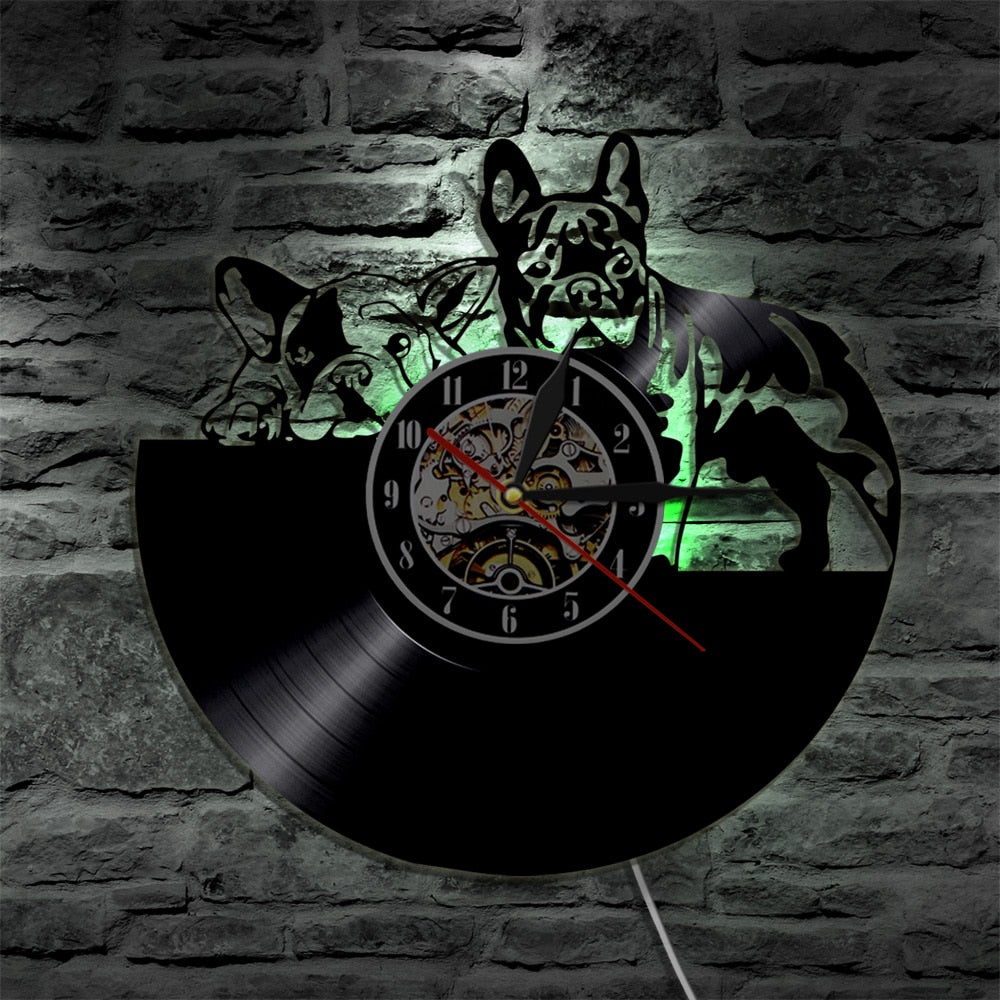 Laser-cut Repurposed Vinyl Record Clock (French Bulldog)