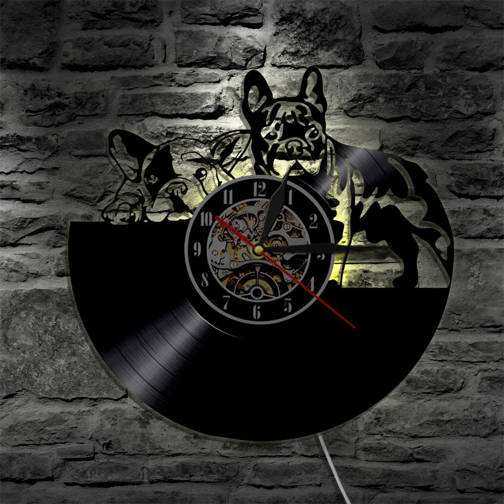 Laser-cut Repurposed Vinyl Record Clock (French Bulldog)