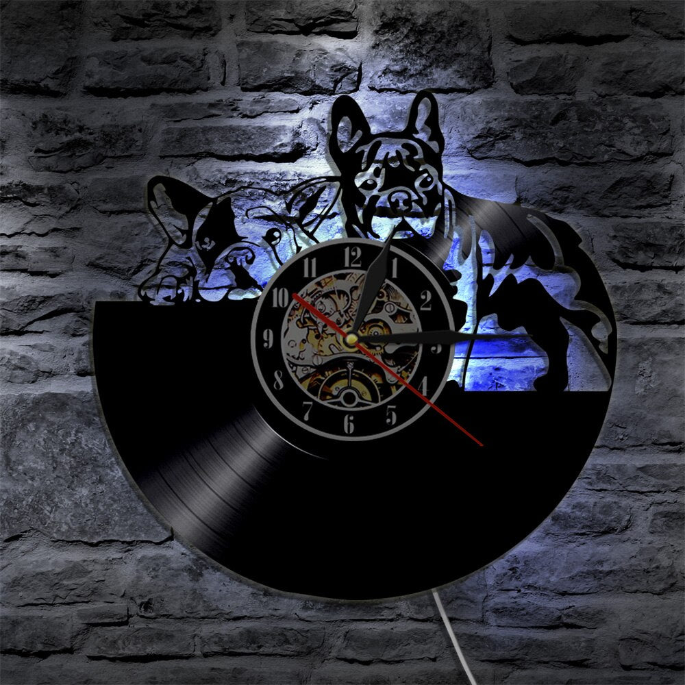 Laser-cut Repurposed Vinyl Record Clock (French Bulldog)