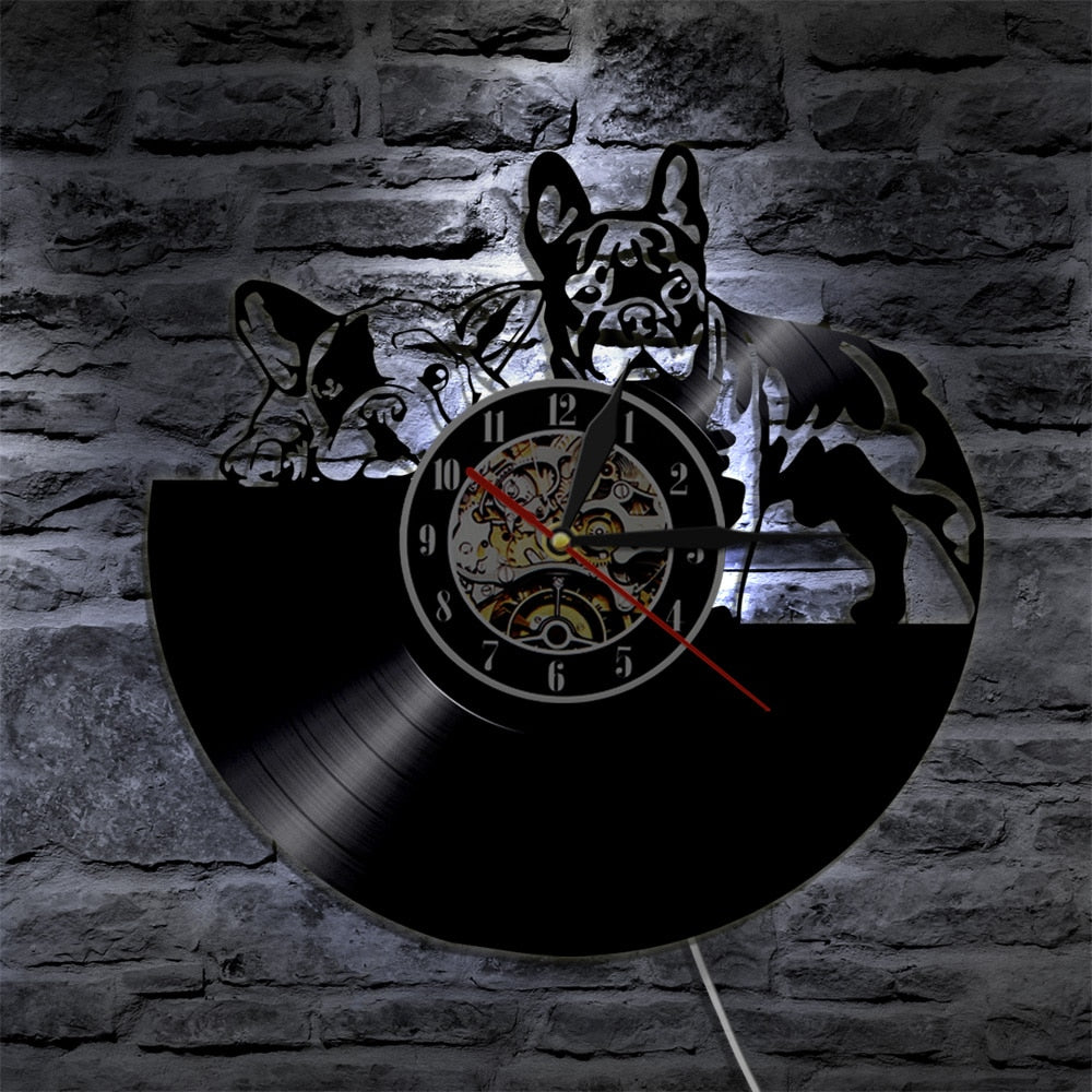 Laser-cut Repurposed Vinyl Record Clock (French Bulldog)