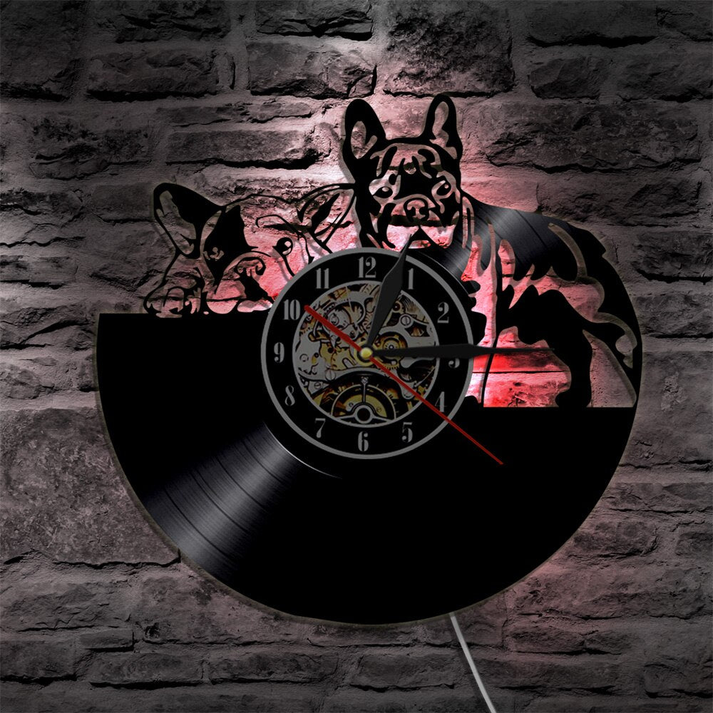 Laser-cut Repurposed Vinyl Record Clock (French Bulldog)