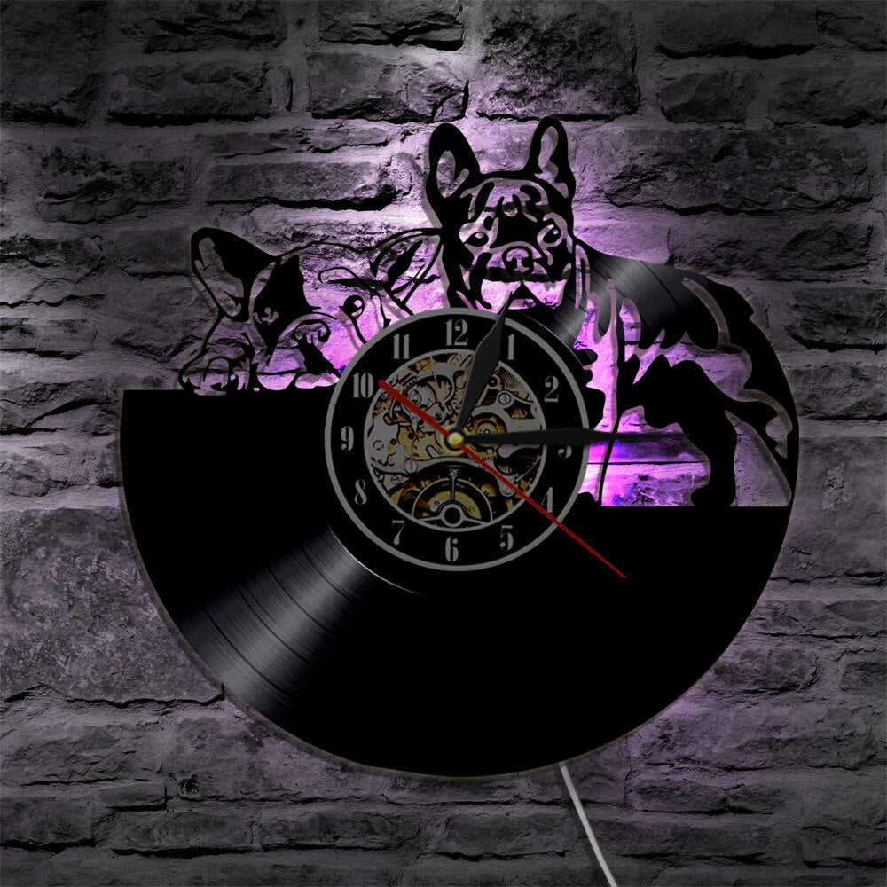 Laser-cut Repurposed Vinyl Record Clock (French Bulldog)