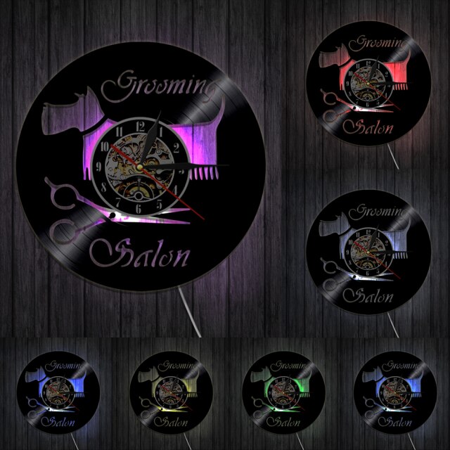 Laser-cut Repurposed Vinyl Record Clock (Dog Grooming Style 3)