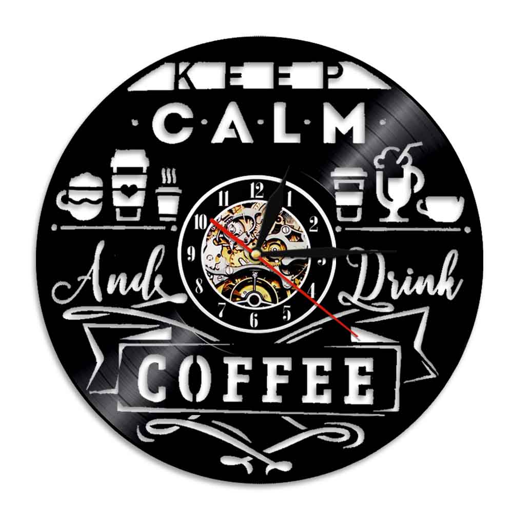 Laser-cut Repurposed Vinyl Record Clock (Keep calm and drink coffee)