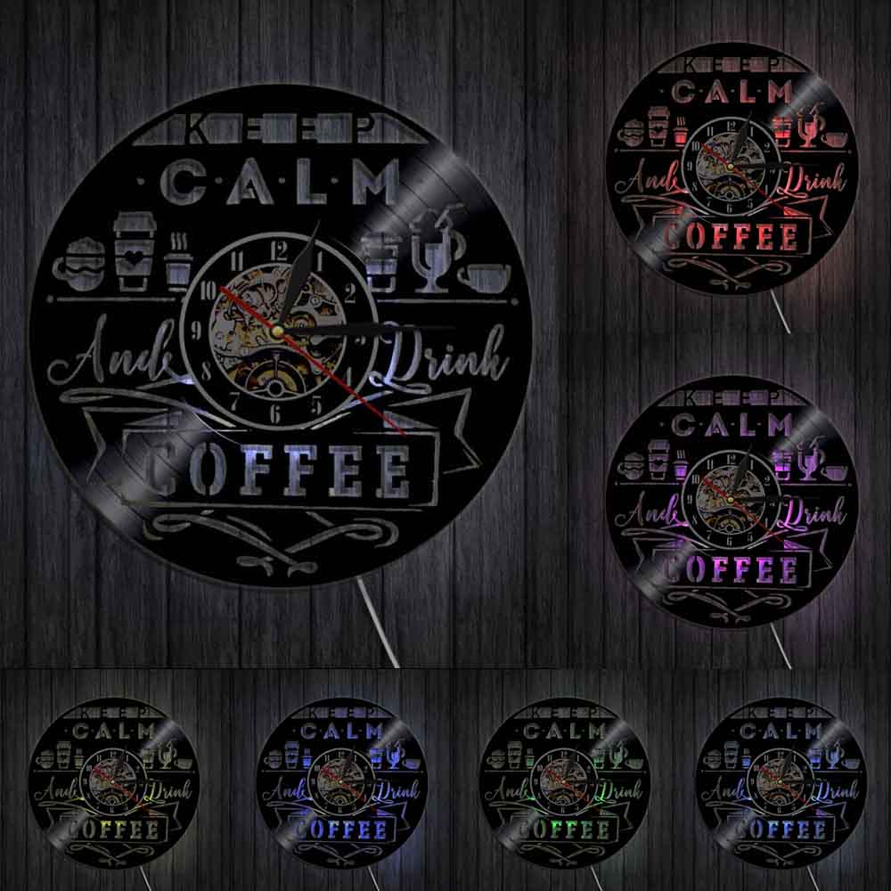Laser-cut Repurposed Vinyl Record Clock (Keep calm and drink coffee)