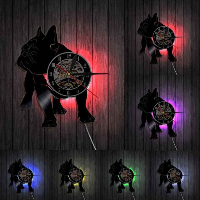 Laser-cut Repurposed Vinyl Record Clock (French Bulldog 2)
