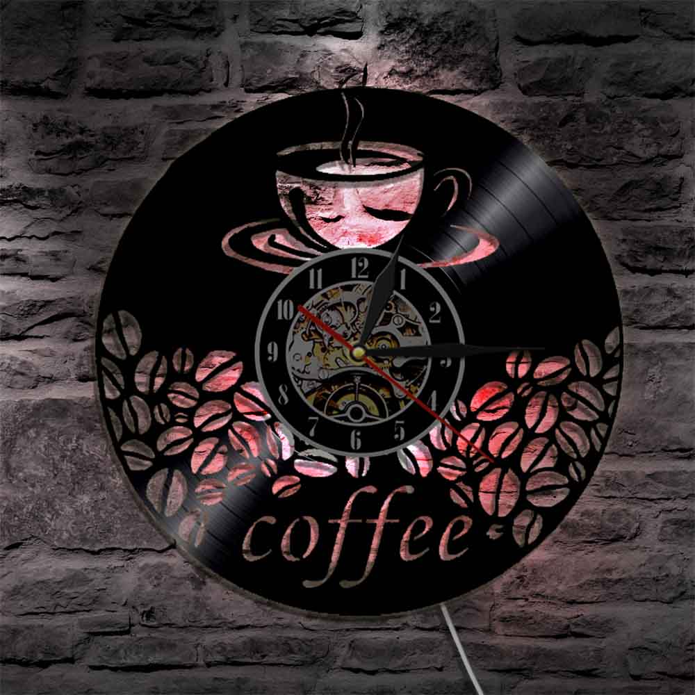 Laser-cut Repurposed Vinyl Record Clock (Coffee & Coffee beans)