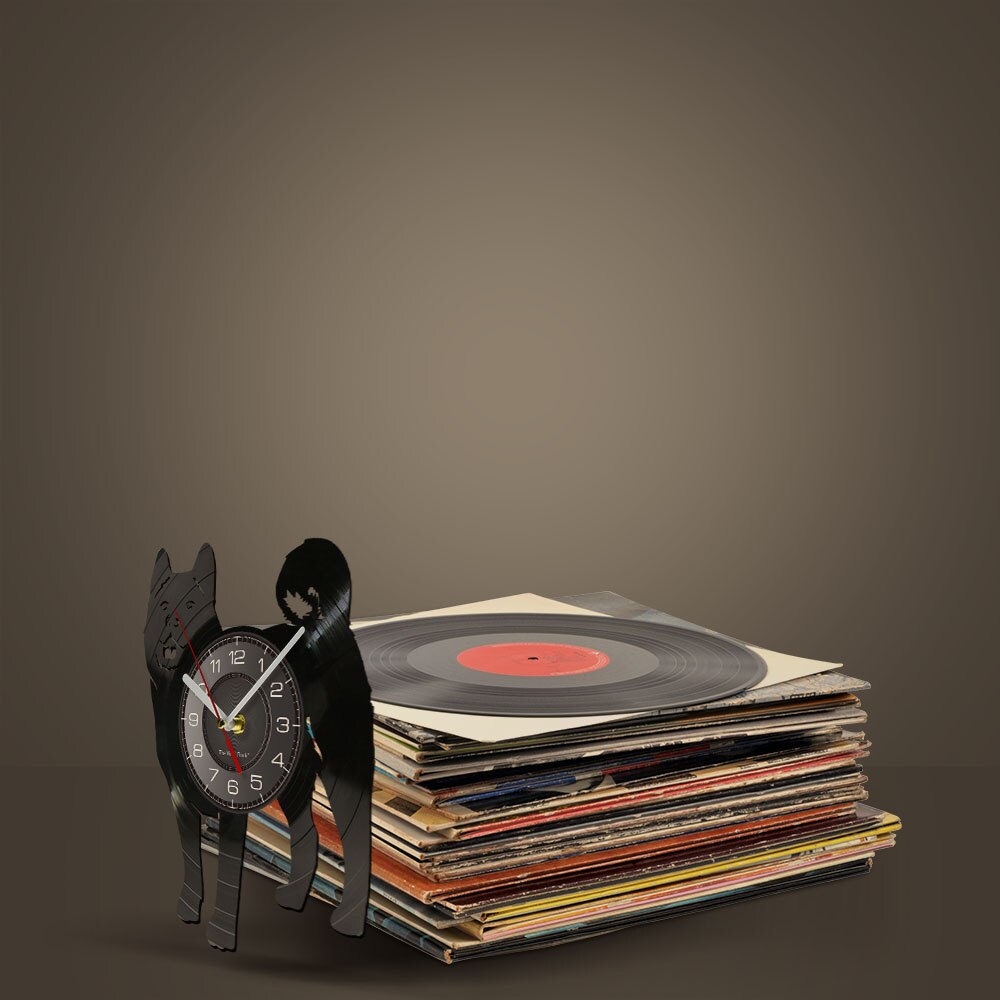 Laser-cut Repurposed Vinyl Record Clock (Japanese Akita Inu)