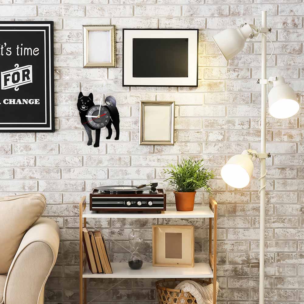 Laser-cut Repurposed Vinyl Record Clock (Japanese Akita Inu)