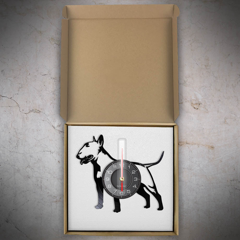Laser-cut Repurposed Vinyl Record Clock (Bull Terrier 1)