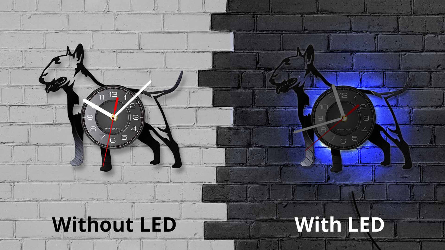 Laser-cut Repurposed Vinyl Record Clock (Bull Terrier 1)