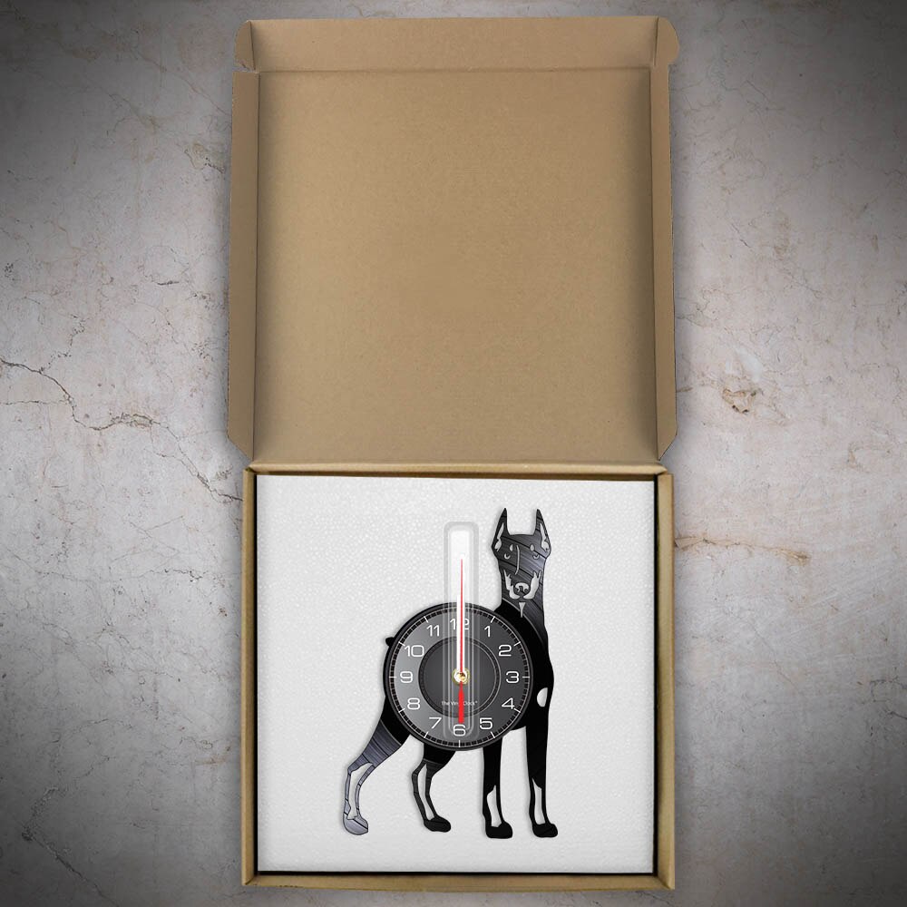 Laser-cut Repurposed Vinyl Record Clock (Doberman Pinscher 2)
