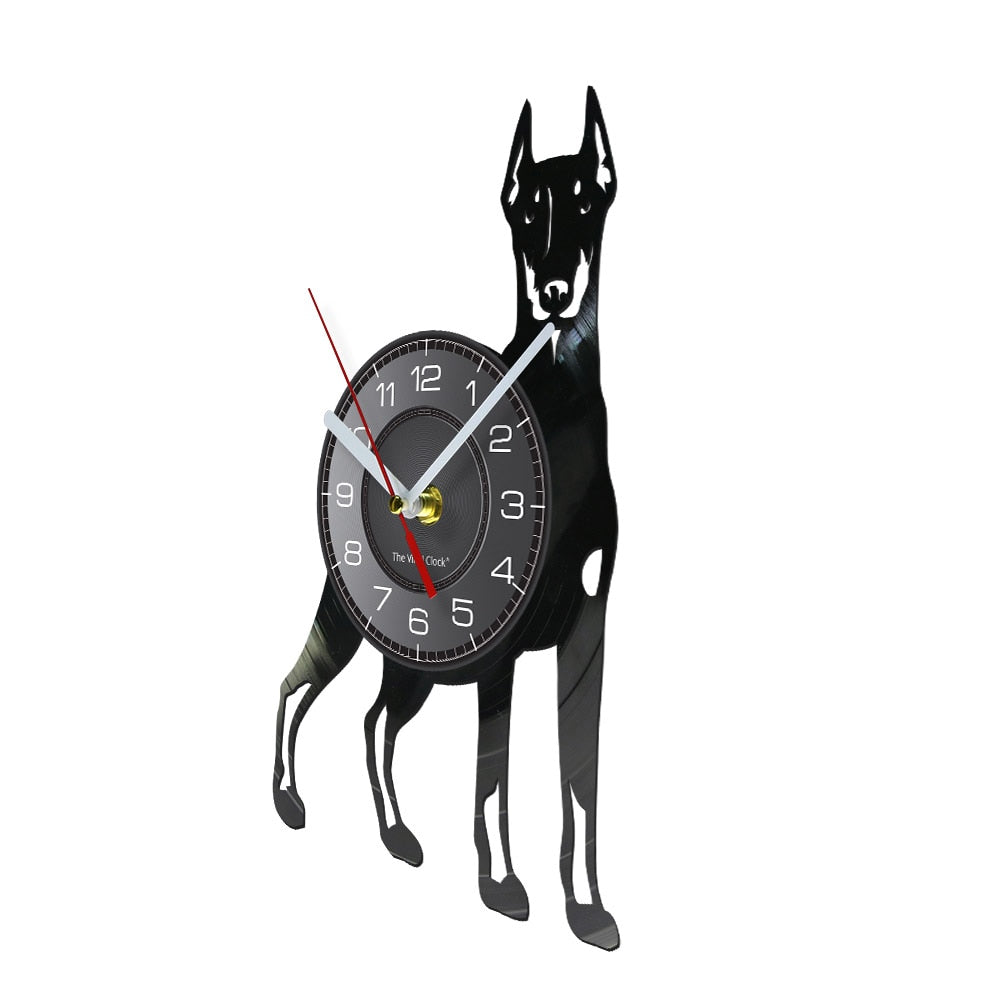 Laser-cut Repurposed Vinyl Record Clock (Doberman Pinscher 2)