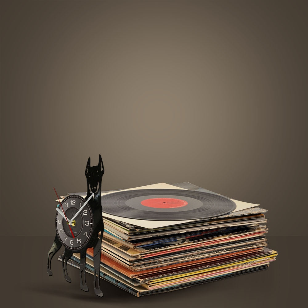 Laser-cut Repurposed Vinyl Record Clock (Doberman Pinscher 2)