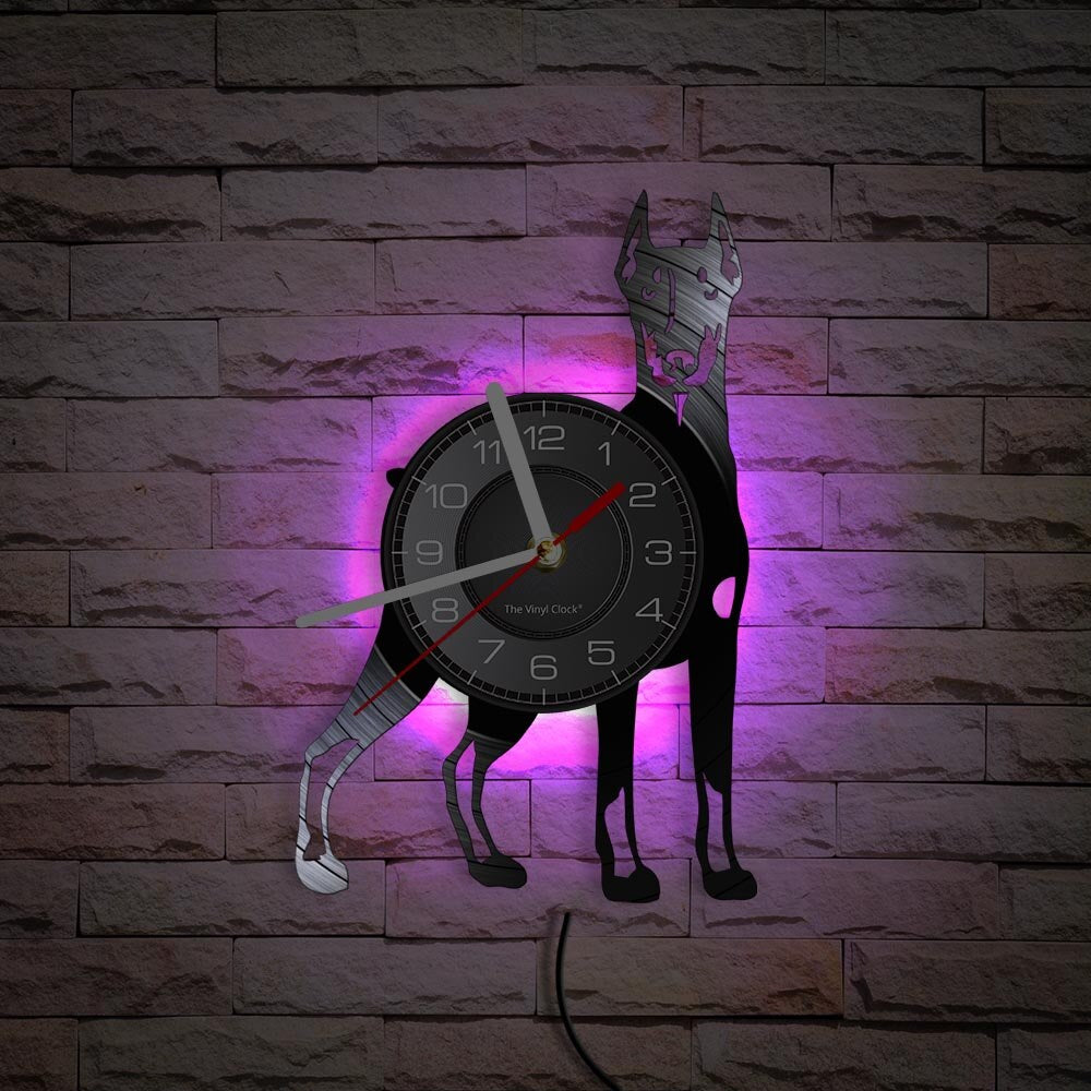 Laser-cut Repurposed Vinyl Record Clock (Doberman Pinscher 2)