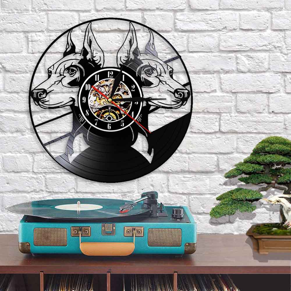 Laser-cut Repurposed Vinyl Record Clock (Doberman Pinscher 1)