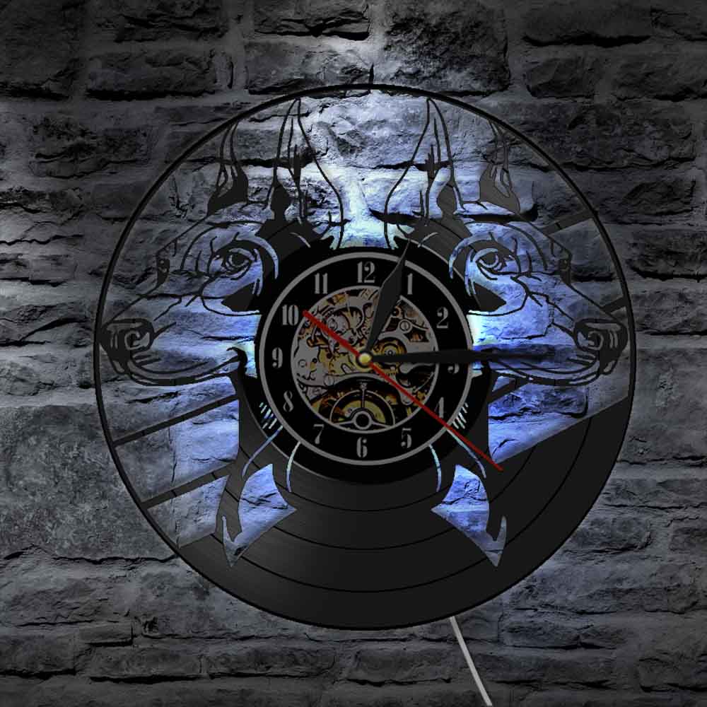 Laser-cut Repurposed Vinyl Record Clock (Doberman Pinscher 1)
