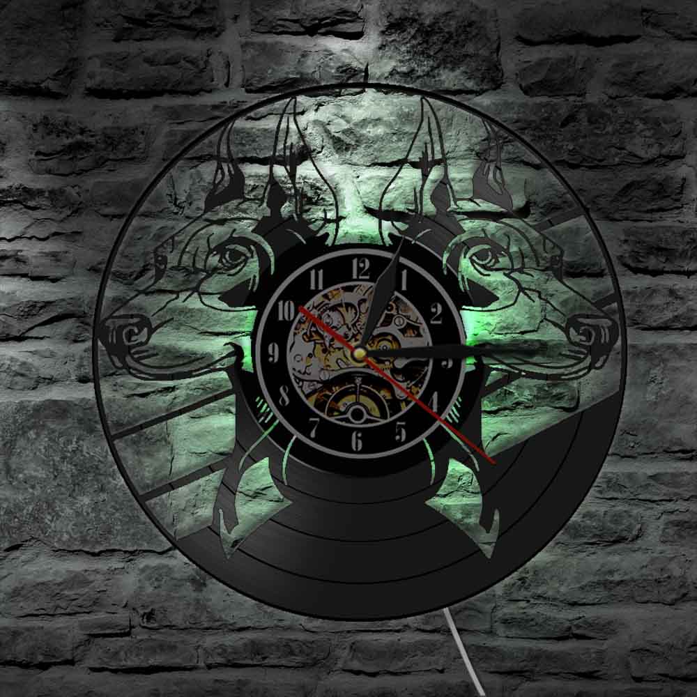 Laser-cut Repurposed Vinyl Record Clock (Doberman Pinscher 1)
