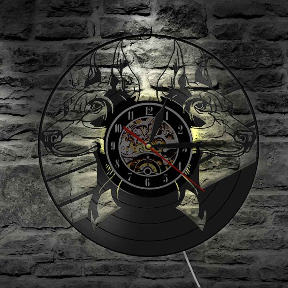 Laser-cut Repurposed Vinyl Record Clock (Doberman Pinscher 1)