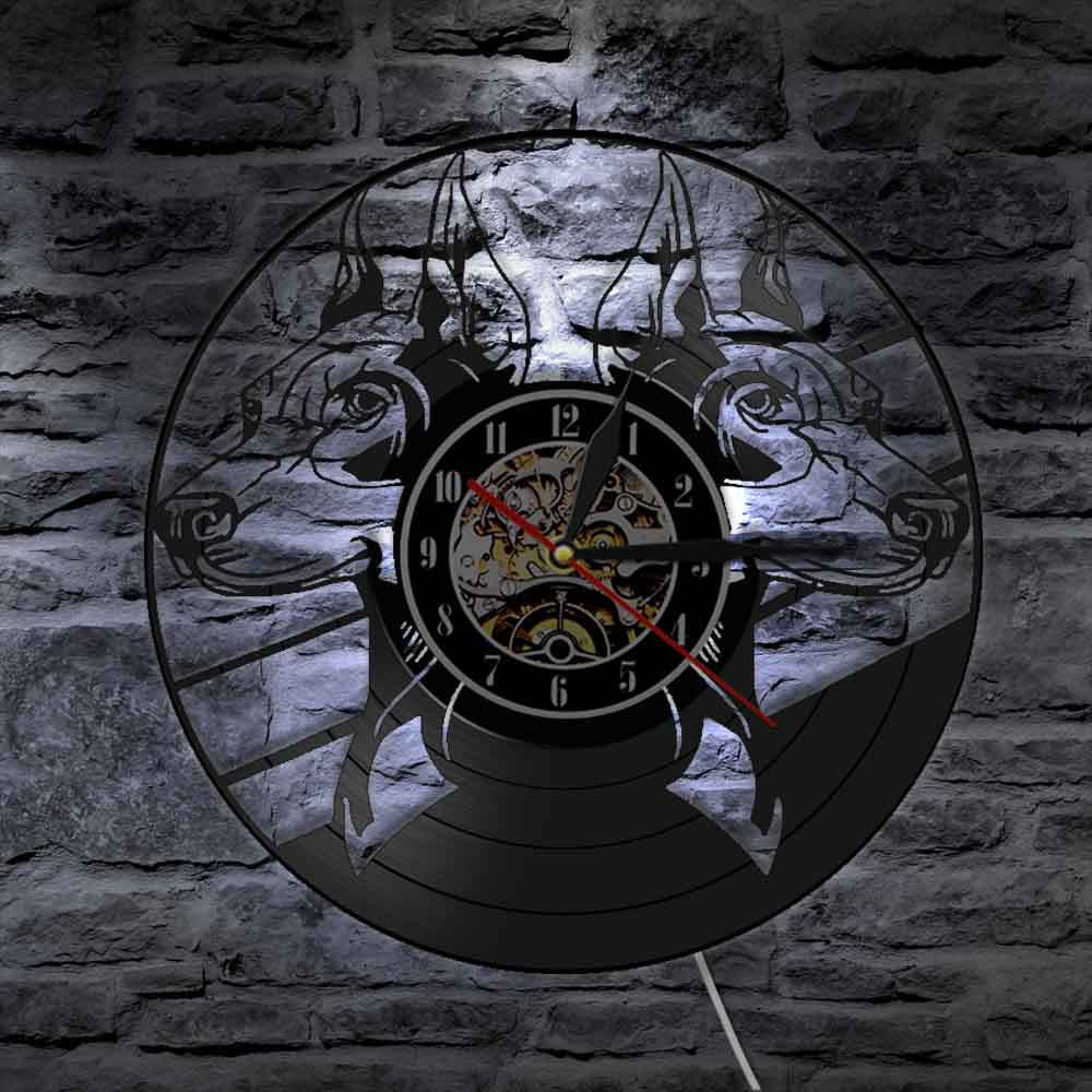 Laser-cut Repurposed Vinyl Record Clock (Doberman Pinscher 1)