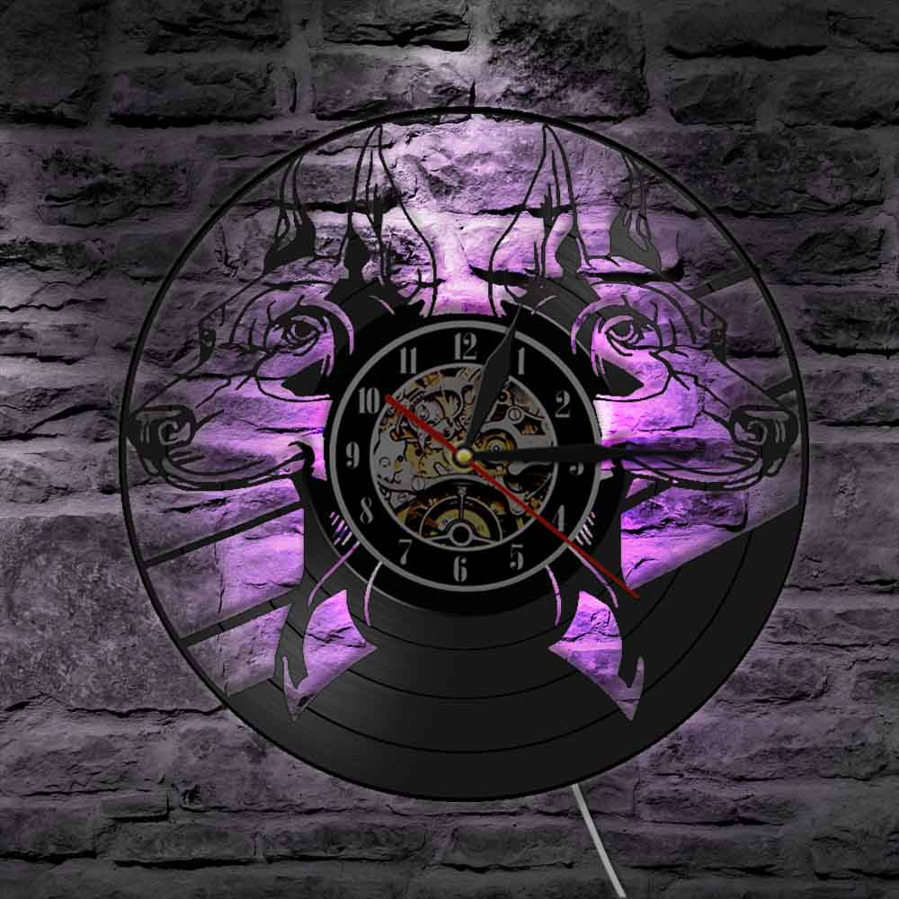 Laser-cut Repurposed Vinyl Record Clock (Doberman Pinscher 1)