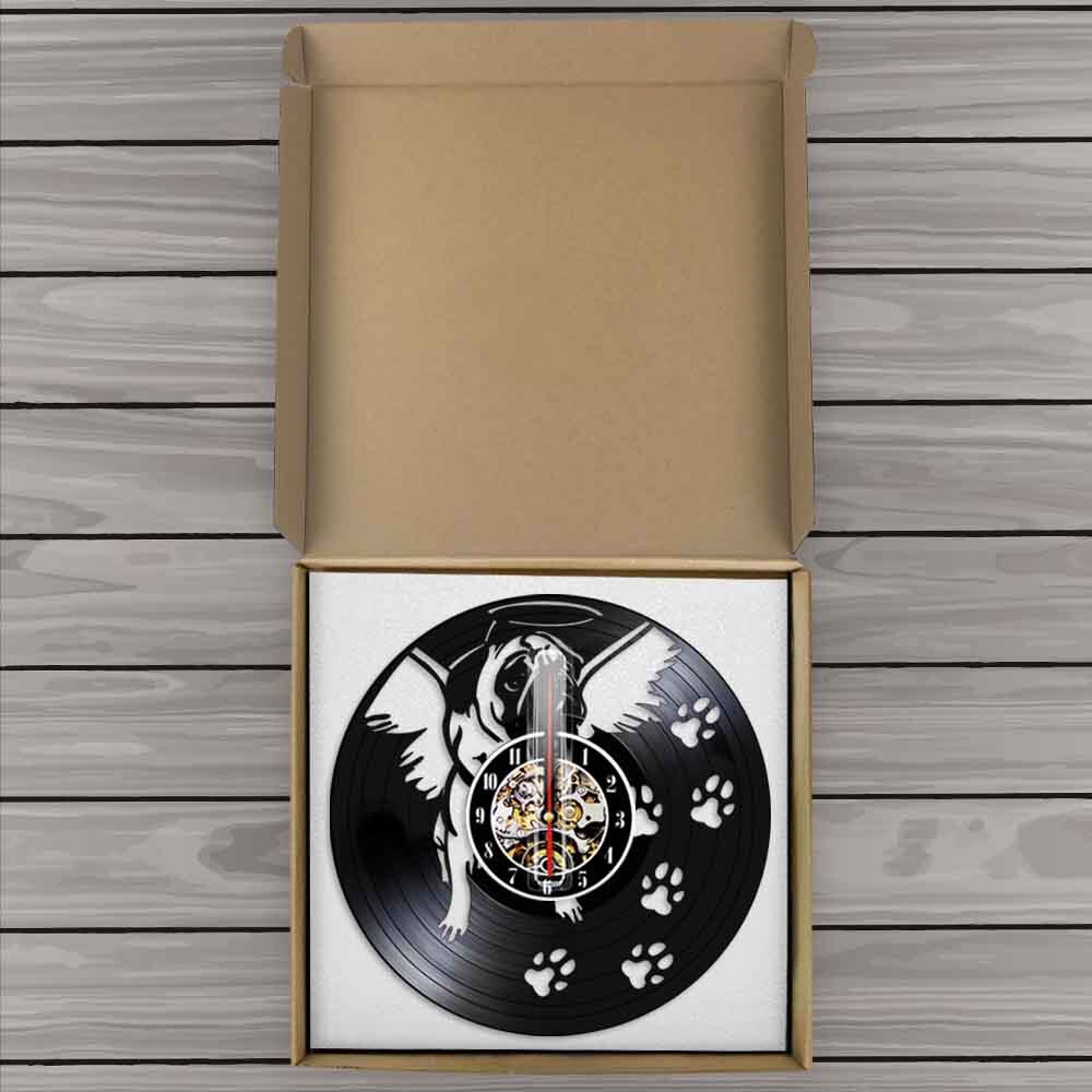 Laser-cut Repurposed Vinyl Record Clock (Pug Angel)