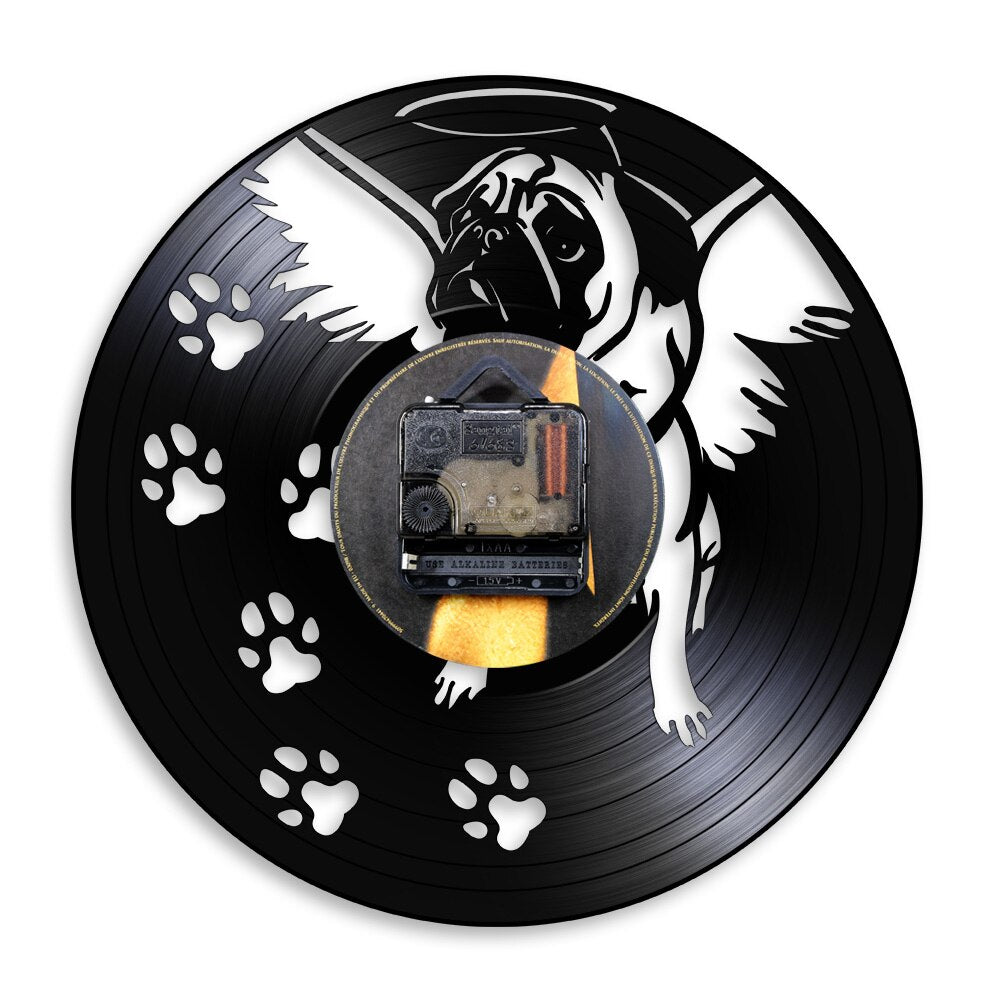 Laser-cut Repurposed Vinyl Record Clock (Pug Angel)