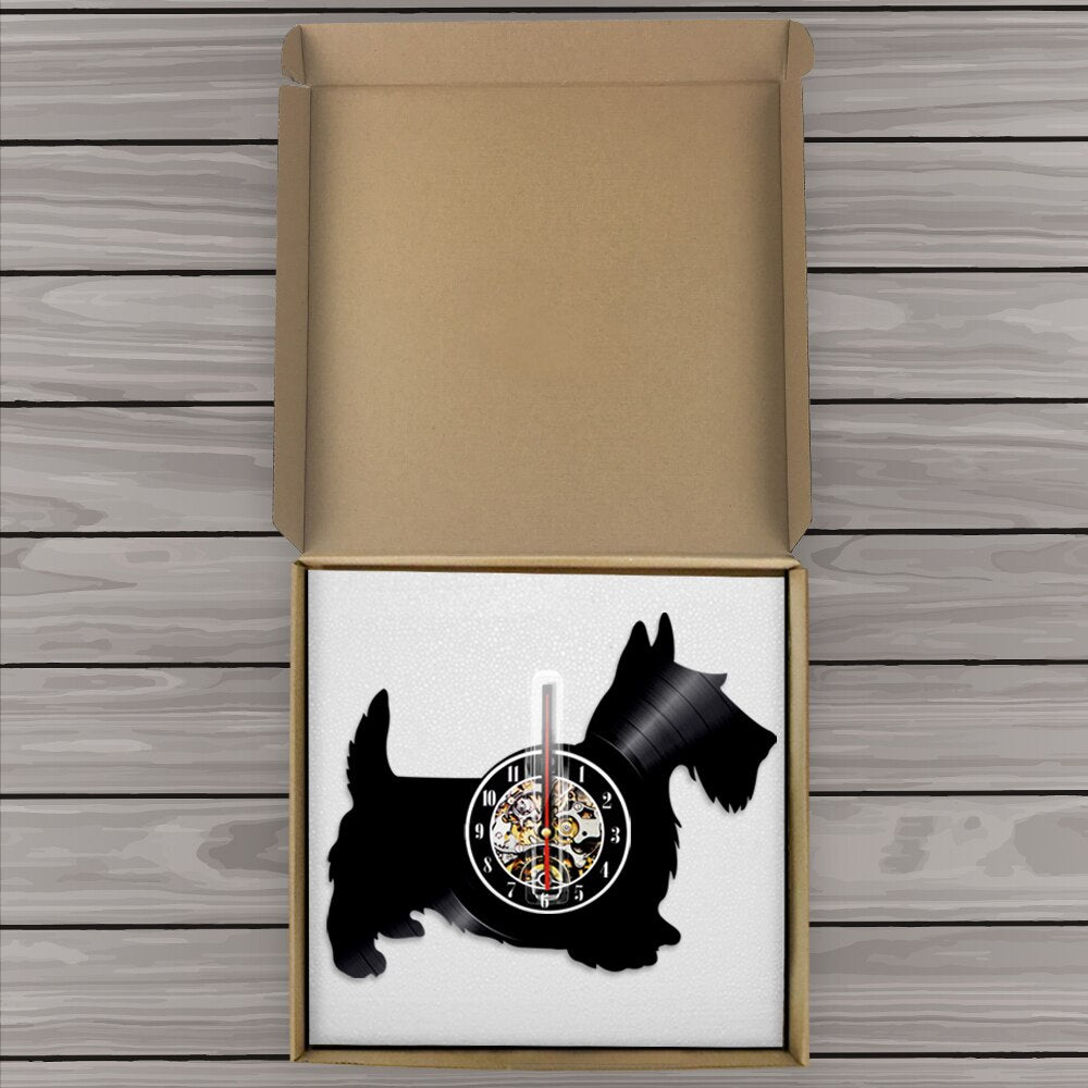 Laser-cut Repurposed Vinyl Record Clock (Scottish Terrier)