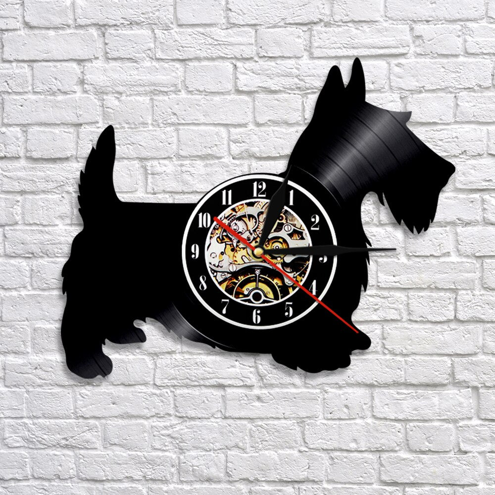 Laser-cut Repurposed Vinyl Record Clock (Scottish Terrier)