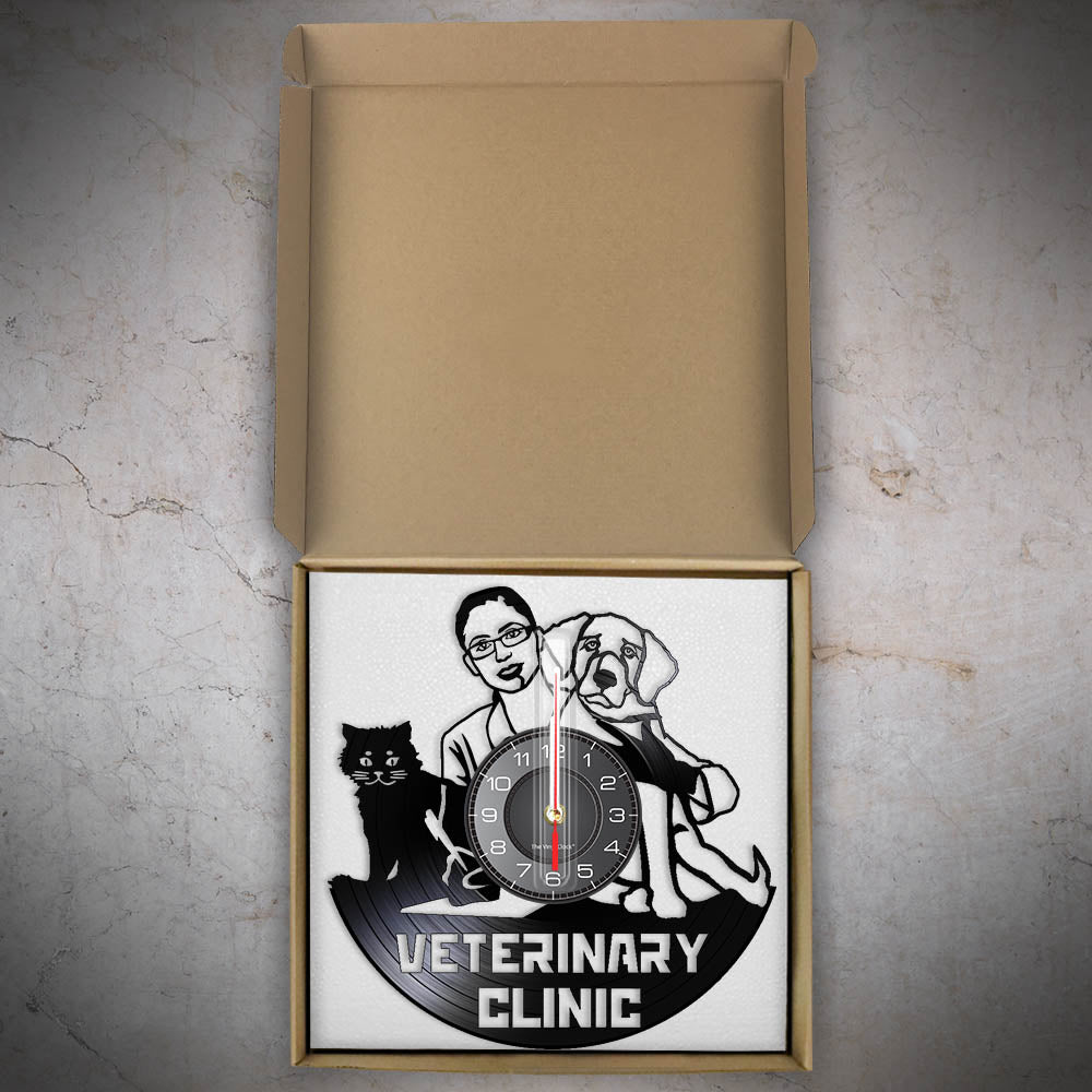 Laser-cut Repurposed Vinyl Record Clock (Veterinary Clinic 1)
