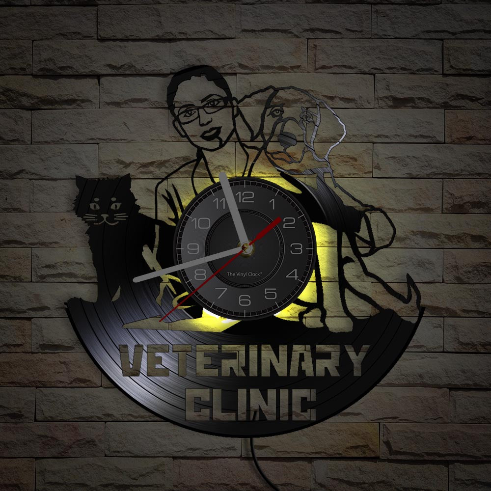 Laser-cut Repurposed Vinyl Record Clock (Veterinary Clinic 1)