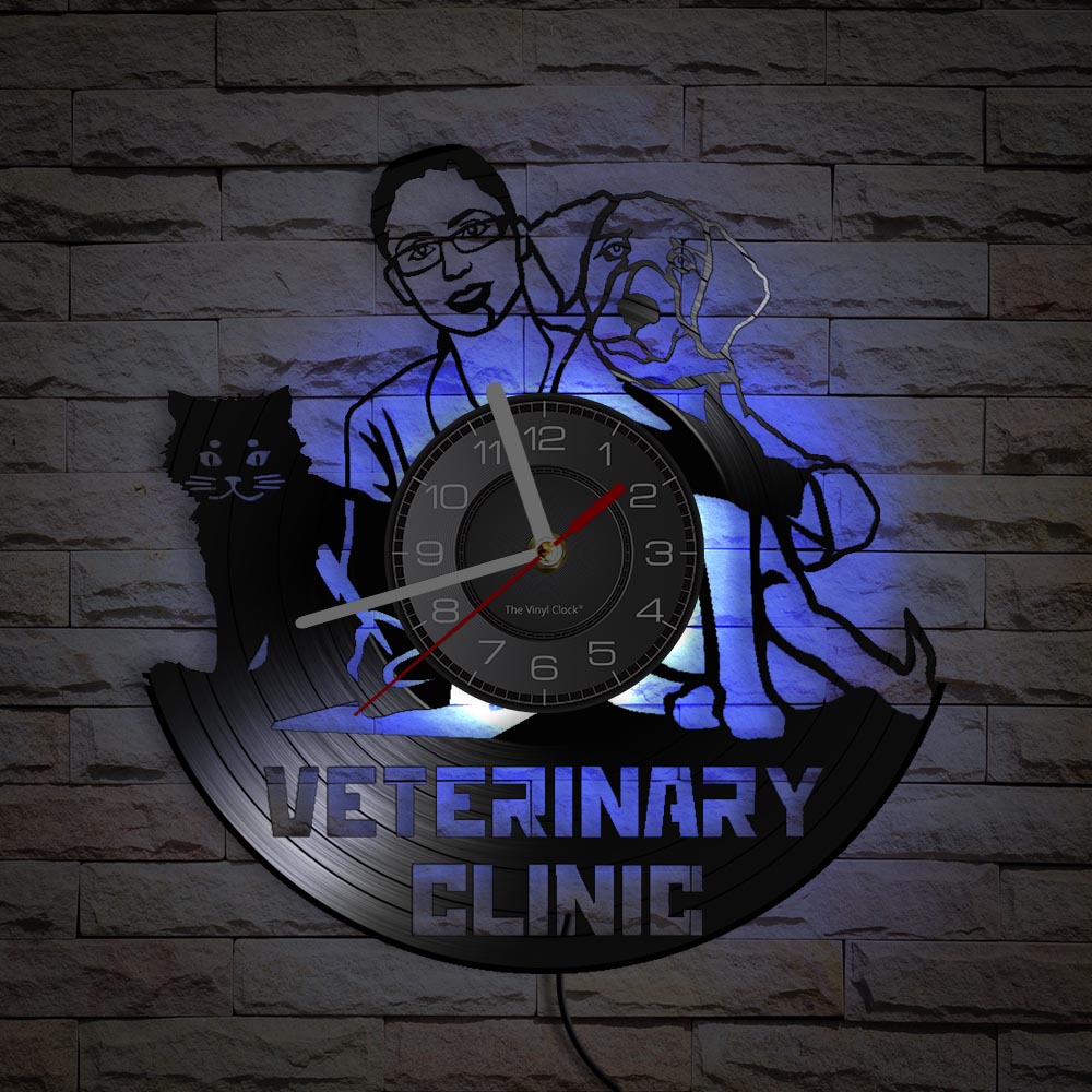 Laser-cut Repurposed Vinyl Record Clock (Veterinary Clinic 1)