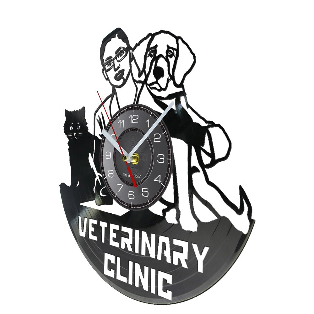 Laser-cut Repurposed Vinyl Record Clock (Veterinary Clinic 1)