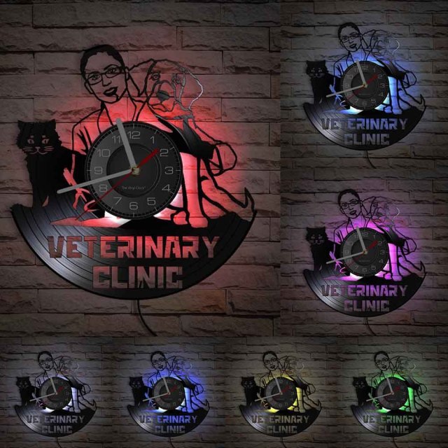 Laser-cut Repurposed Vinyl Record Clock (Veterinary Clinic 1)